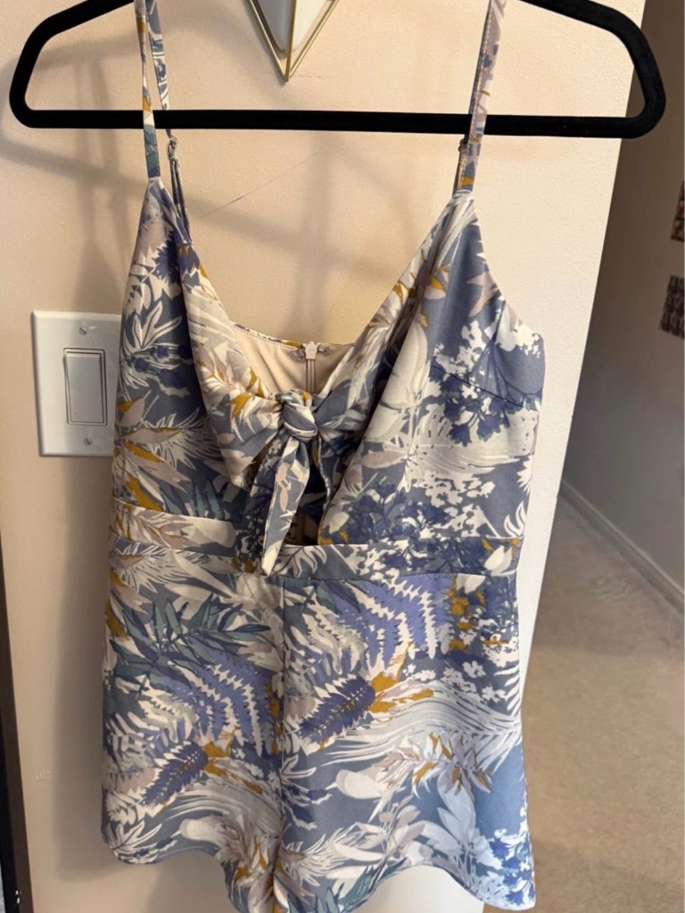 Honey Belle Blue and Cream Floral Tie-Front Spaghetti Strap Romper